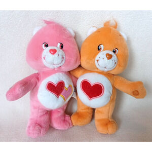 2002 Hugging Care Bears Orange Tenderheart & Pink Love-A-Lot 7" Plush